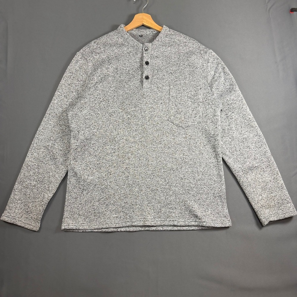 Heather Gray Henley Shirt Pocket Long Sleeve Men's XL Polyester Casual